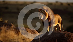 Majestic lioness standing in the savannah, alertness in her eyes generated by AI