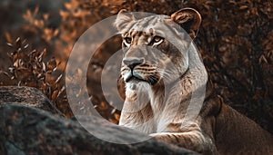 Majestic lioness staring, alertness in her eyes, beauty in nature generated by AI