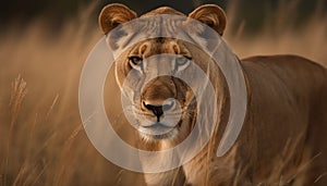 Majestic lioness staring with alertness in the wilderness of Africa generated by AI