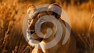 Majestic lioness walking in African savannah grass generated by AI