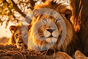 Majestic Lions Resting Under Acacia Tree in African Savannah