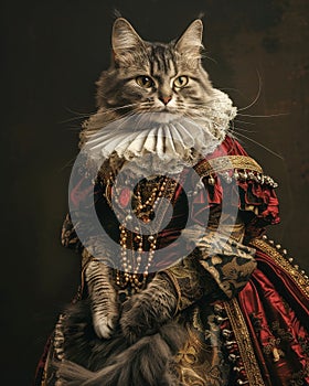 The majestic long-haired cat wears a lavish red baroque costume, complete with ruff and pearls.