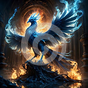 A majestic magical bird standing in flames