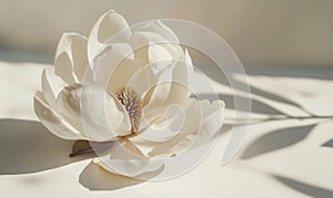 A majestic magnolia bloom against a backdrop of white, casting a bold shadow