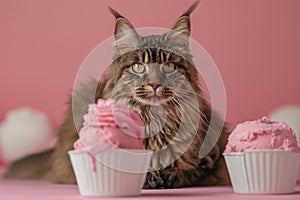 Majestic Maine Coon Cat with Fluffy Fur Posing with Pink Cupcakes on a Pastel Background Perfect for Pet or Gourmet Themes