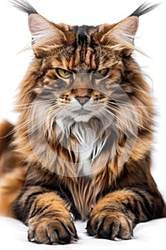 Majestic Maine Coon Cat Lying Down with Intense Gaze on White Background