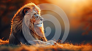 Majestic male lion in savannah at sunset, the powerful king of the untamed wilderness