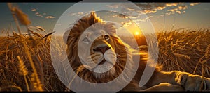 Majestic male lion at sunset, the powerful king of the savannah, symbolizing the beauty of nature