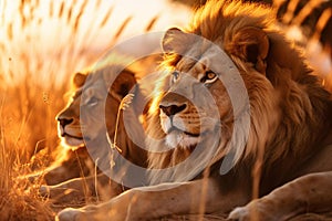 Majestic Male Lions in African Savannah: Peaceful Interaction