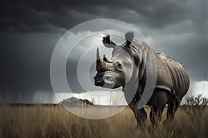 Majestic Male Rhino: A Powerful African Herbivore Grazing on the Savannah under Overcast Skies, ai generative