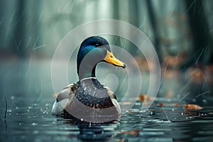 Majestic Mallard Duck Swimming Serenely in a Rain Drenched Forest Pond with Misty Ambiance