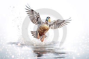 Majestic mallard duck takes flight from water