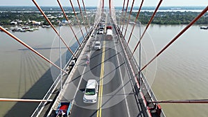 Majestic Marvel: Aerial Views of Tien Giang\'s Rach Mieu Bridge and the Mekong River Slowmotion