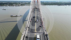 Majestic Marvel: Aerial Views of Tien Giang\'s Rach Mieu Bridge and the Mekong River Slowmotion