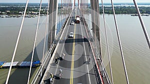 Majestic Marvel: Aerial Views of Tien Giang\'s Rach Mieu Bridge and the Mekong River Slowmotion