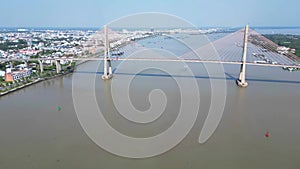 Majestic Marvel: Aerial Views of Tien Giang\'s Rach Mieu Bridge and the Mekong River Timelapse