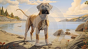 Majestic Mastiff: A Nostalgic Children\'s Book Illustration Of A Dog By The Water