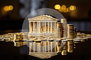 Majestic Miniature Central Bank Amidst Gleaming Coin Stacks. Generative Ai