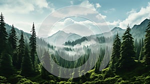 Majestic Mist: A Panoramic View of a Tranquil Forest in Soft Ton