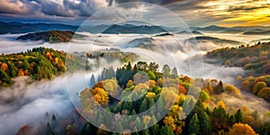 Majestic MistShrouded Forest Drone Captures Ancient Trees and Atmospheric Wonders in Aerial Perspective photo