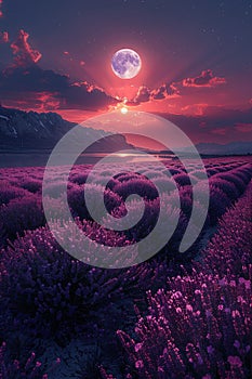 Majestic moon over lavender fields