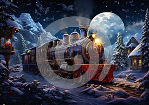 Majestic Moonlit Train Journey through a Snowy Forest: A Vector