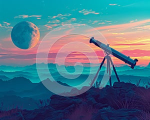 Majestic Moonrise Over Mountain Landscape with Telescope in Foreground for Astronomical Observation