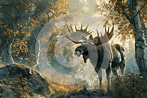 Majestic Moose in Enchanted Autumn Forest Scenery with Sunlight Filtering Through Misty Trees