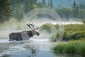 Majestic moose in misty forest river
