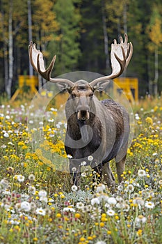 Bull moose stood in flowery meadow photo