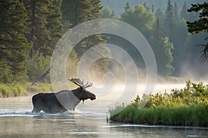 Majestic moose wading through misty river, serene forest background