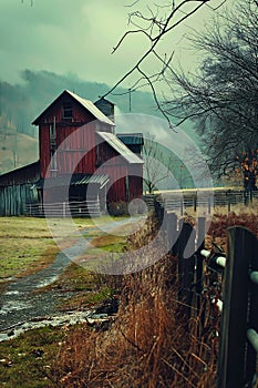 Majestic Morning: Exploring the Enormous Red Barn in a Misty Rus