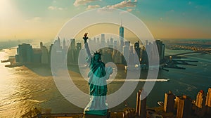 A majestic morning view of the Statue of Liberty with the NYC skyline. Iconic landmarks highlighted by sunrise light. A