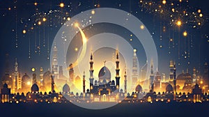 Majestic mosque silhouette with crescent moon in minimalist golden lines on dark background