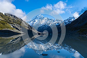 Majestic Mount Cook reflected in the calm Hooker Lake, New Zealand