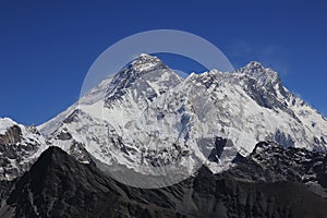 Majestic Mount Everest, also named Chomolungma and Nuptse seen fro Renjo Pass