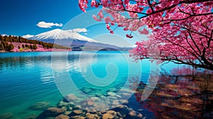 Majestic mount fuji with cherry blossoms in full bloom against clear blue sky, japan