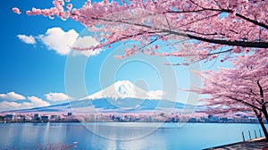 Majestic mount fuji with cherry blossoms in full bloom against clear blue sky in japan