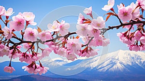 Majestic mount fuji with cherry blossoms in full bloom against clear blue sky, japan