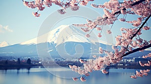 Majestic mount fuji with cherry blossoms in full bloom, japans serene landscape