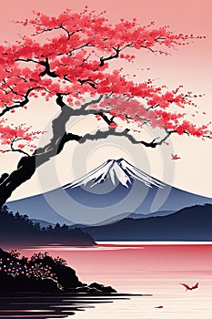 Majestic Mount Fuji, Japans iconic peak, bathed in warm hues of breathtaking sunset. Tranquil beauty of scene is