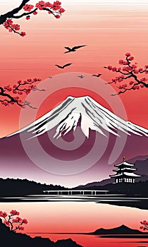 Majestic Mount Fuji, Japans iconic peak, bathed in warm hues of breathtaking sunset. Tranquil beauty of scene is