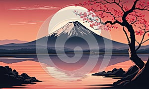 Majestic Mount Fuji, Japans iconic peak, bathed in warm hues of breathtaking sunset. Tranquil beauty of scene is
