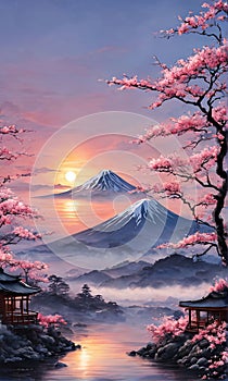 Majestic Mount Fuji, Japans iconic peak, bathed in warm hues of breathtaking sunset. Tranquil beauty of scene is