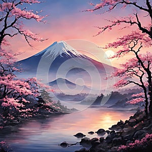 Majestic Mount Fuji, Japans iconic peak, bathed in warm hues of breathtaking sunset. Tranquil beauty of scene is