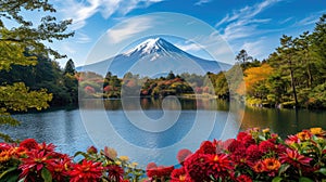 Majestic Mount Fuji overlooks serene lake in breathtaking scene, Ai Generated