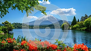 Majestic Mount Fuji overlooks serene lake in breathtaking scene, Ai Generated