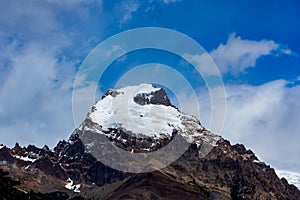 Majestic mountain against the backdrop of a blue sky. El Chalten, Argentina