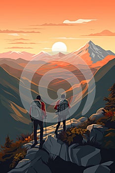 Majestic Mountain Journey: A Silhouette of a Young Hiker at Sunrise, Climbing towards the Summit in the Beautiful