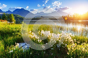 Majestic mountain lake in National Park High Tatra. Strbske ples